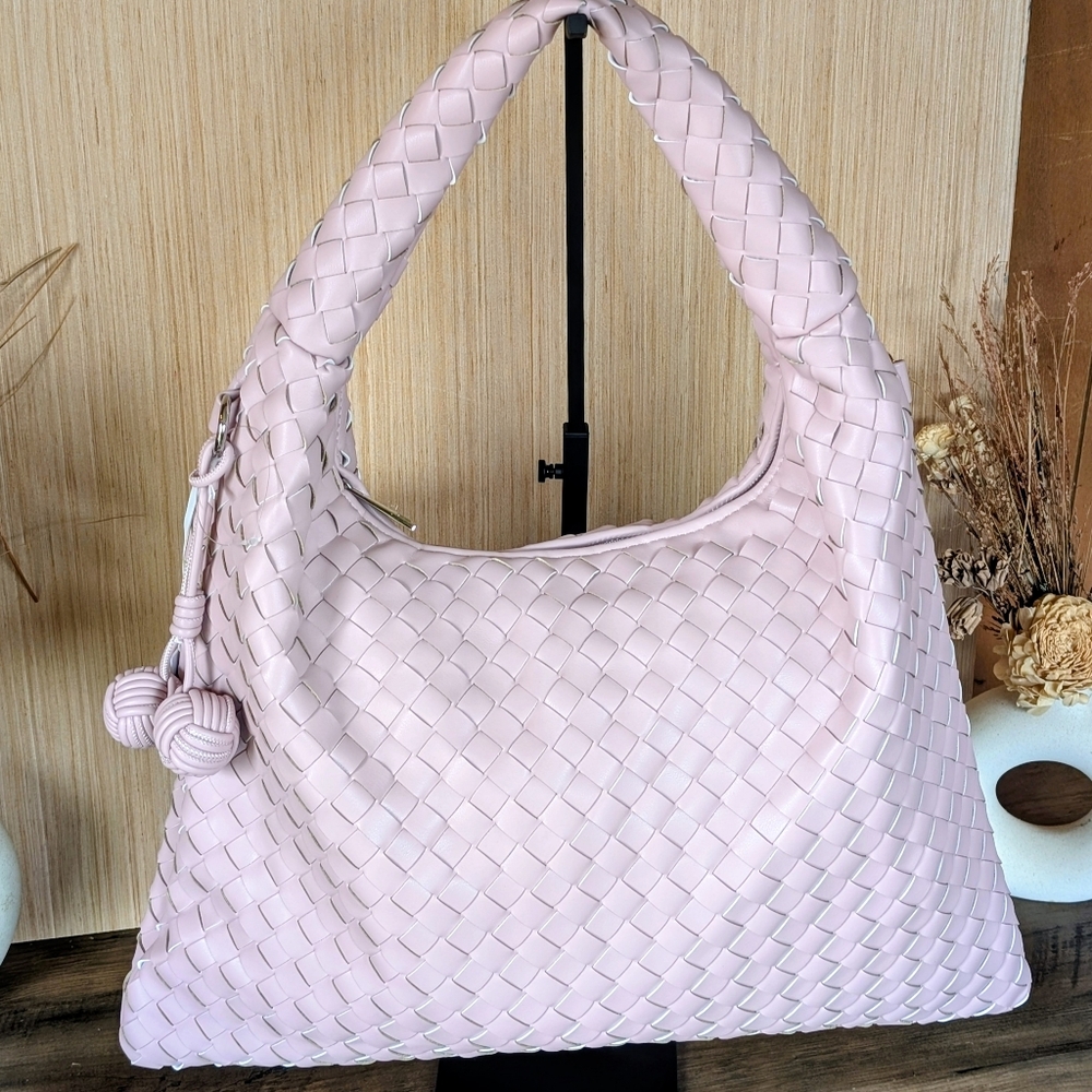 Stylish Woven Tote Light Mauve Crossbody Strap Included.